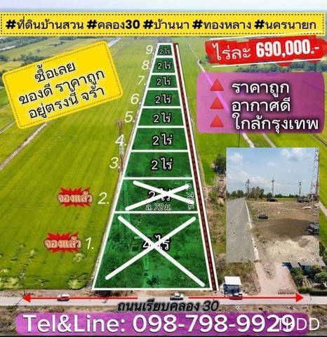 ที่ดินบ้านสวน คลอง30 บ้านนา ทองหลาง นครนายก ถูกมากไร่ละ 680,000.- เท่านั้น